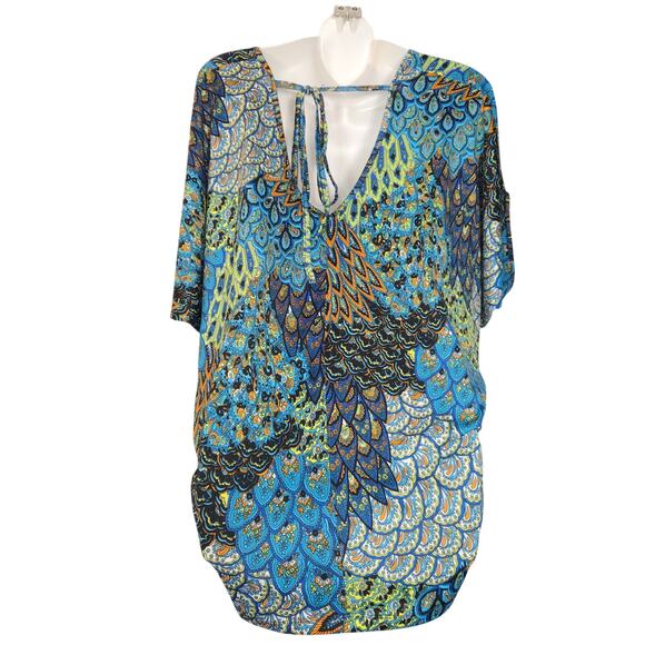 Hypnotized Womens Top Stretch Abstract Feathers Colorful Lounge Travel Vacation - Picture 7 of 12